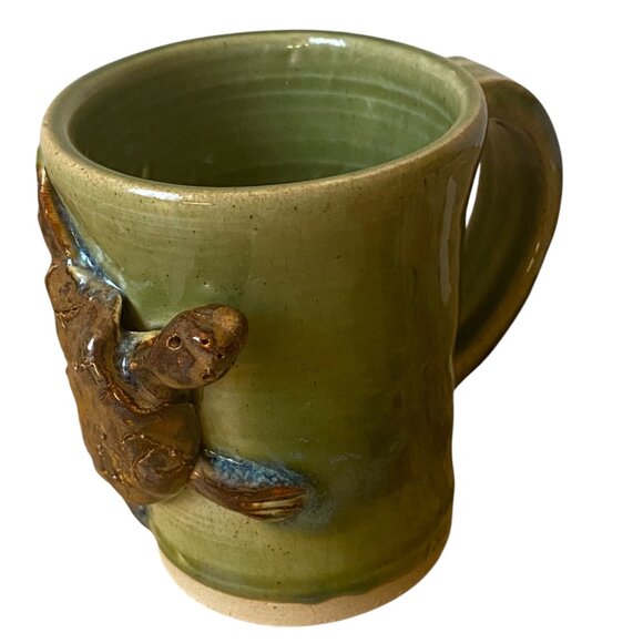 Handmade Artist Signed Green Ceramic 3D Turtle Mug Handle 4" Pottery Art - Picture 2 of 6